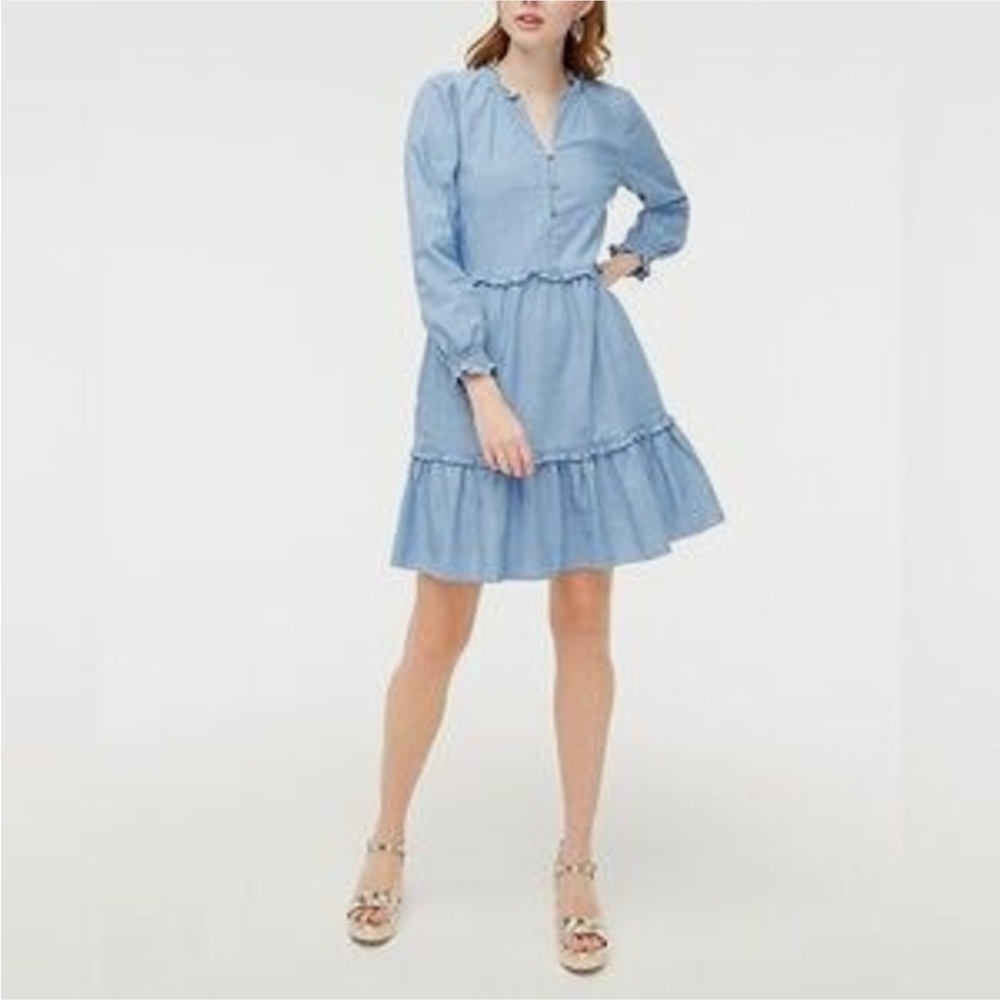 J. Crew Women's Blue Chambray Ruffle Mini Dress Size 12